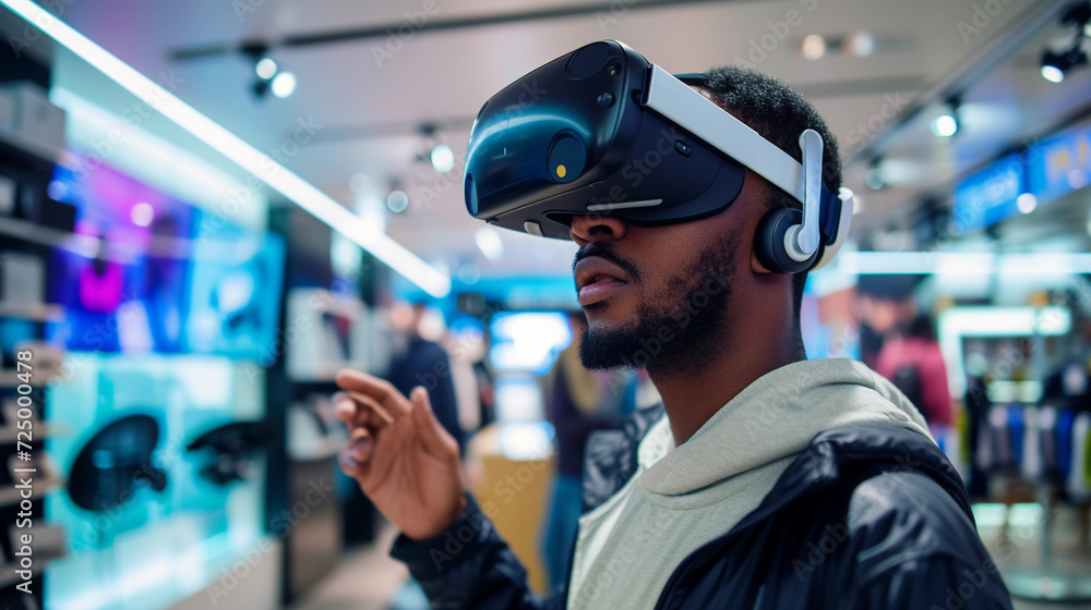 new customer in a tech gadget store, interacting with the latest virtual reality equipment, with a futuristic and innovative backdrop new customer in a tech gadget store, interacting with the latest virtual reality equipment, with a futuristic and innovative backdrop