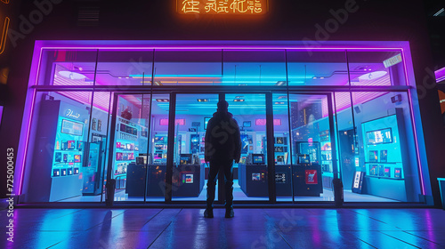 customer standing in front of a sleek, high-tech electronics store, with vibrant neon signs reflecting in the glass storefront