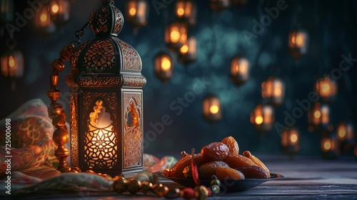 Low light photo of Lantern, Dates fruit and rosary beads for Ramadan and Eid greeting.