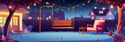 Night backyard garden with furniture and fence. Vector cartoon illustration of suburban town street with houses, swing decorated with garland lights, wooden armchair and table under dark starry sky