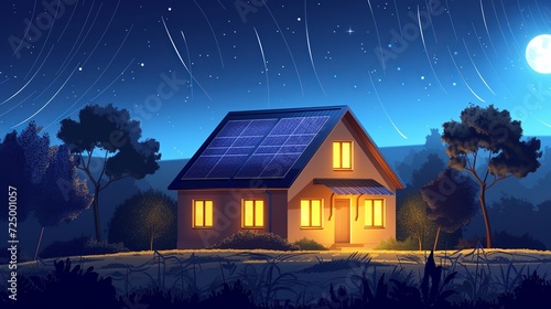Night View of a House with Solar Panels