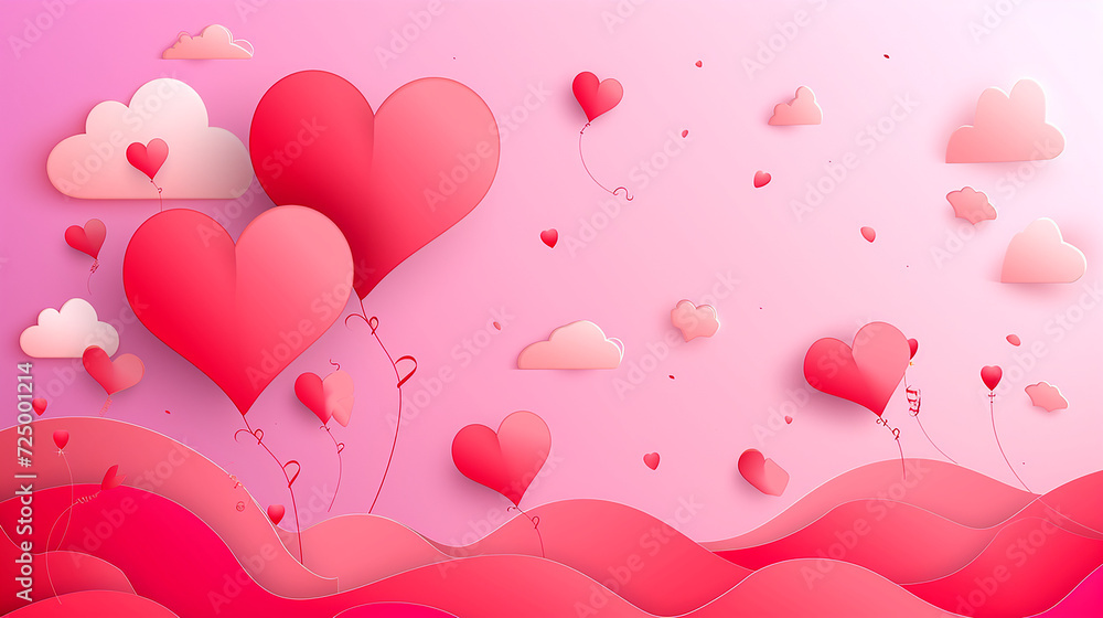 3D heart balloons on a pink background