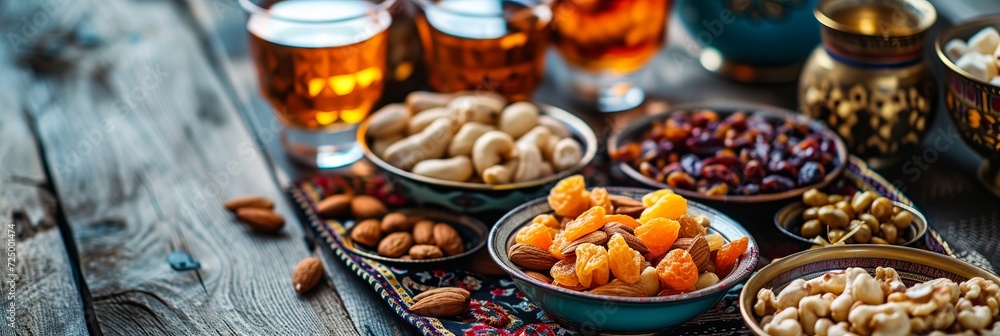 Ramadan Kareem and iftar muslim food, holiday concept. Trays with nuts and dried fruits. Celebration idea