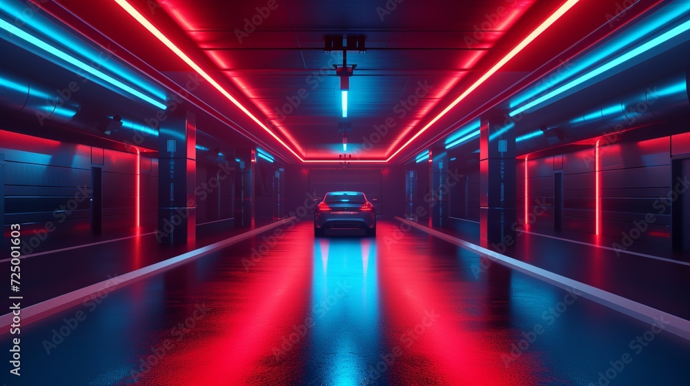 Sci Fi Modern Dark Cyberpunk Car Parking Corridor Showroom Tunnel Hangar Garage Metal Cement Concrete Red Blue Lights Studio 3D Rendering 