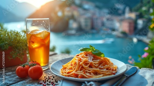 A plate of Italian spaghetti with tomato sauce and parmesan and a glass of ice tea on a wooden table. Cozy summer terrace overlooking picturesque Mediterranean seascape.