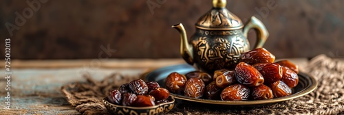 Copy space for text Ramadan Kareem means Blessed month of Ramadan with dates fruit and arabic coffee cup  © Zahid