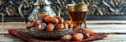 Typical of the month of Ramadan for muslims is the setting here, after the fast has been broken - water and pitted dates. Traditional iftar food. metal bowl full of dates fruits symbolizing Ramadan