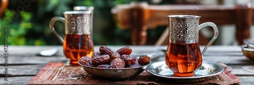 Typical of the month of Ramadan for muslims is the setting here, after the fast has been broken - water and pitted dates. Traditional iftar food. metal bowl full of dates fruits symbolizing Ramadan photo