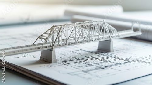 vision of architecture of a 3d model bridge project with blueprint photo