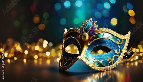 Máscara de carnaval dourada e azul sobre uma mesa com fundo cintilante photo