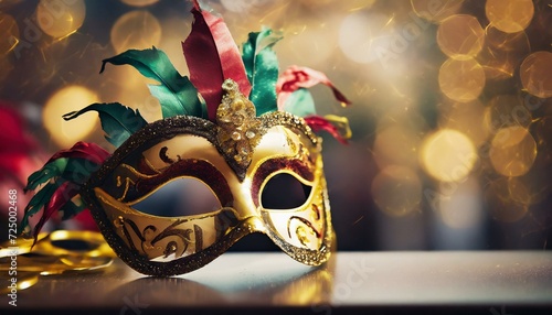 Máscara de carnaval dourada sobre uma mesa com fundo cintilante photo