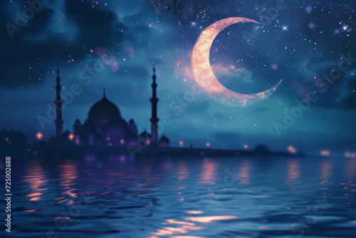 Shining crescent moon over the night river that marks the beginning of ramadan, fasting month. Islamic religious celebration - Ramadan Kareen - concept. Muslim mosque.