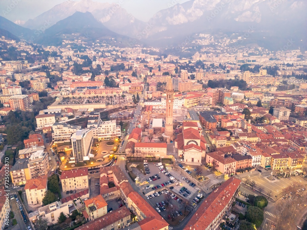 Drone shot of the city of Lecco city center