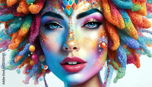Fantasievolles, ikonisches, abstraktes Porträt einer schönen Frau, Bunte, digitale Farbspritzer, Tattoos und Haaren aus gestrickter Wolle