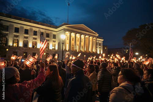 A crowd of people with US flags and burning candles. Generative AI © Vovmar