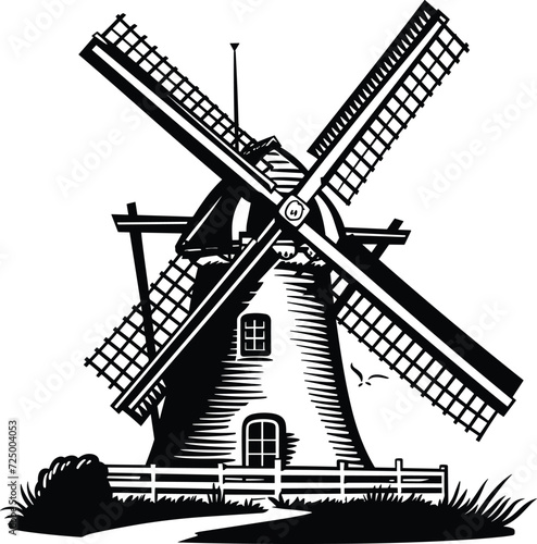 Retro windmill isolated outline icon. Vector rural countryside traditional Dutch stone mill, Netherland wooden windmill, Holland building for millstones grain