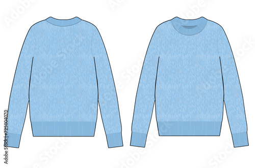 sky colored o neck alpaca sweater with long sleeve. flat vector technical sketch with alpaca fabric texture. ready to use for cad mockup. 