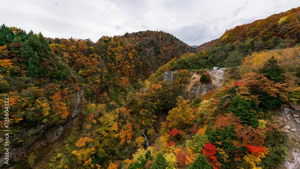 Timelapse panorama of autumn leaves over Fudosawa Bridge in Fukushima prefecture, Japan Timelapse panorama of autumn leaves over Fudosawa Bridge in Fukushima prefecture, Japan