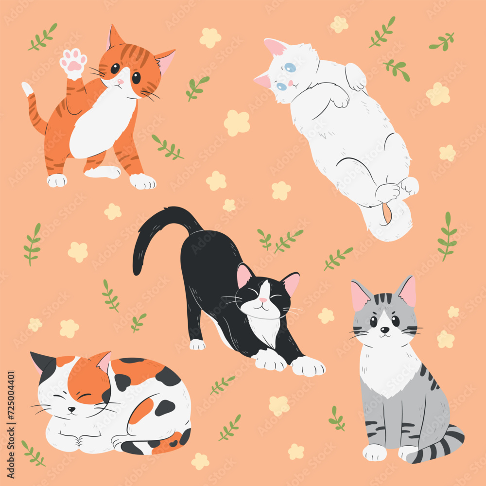 Cute and funny cats vector illustrations set. Adorable cat or fluffy kitten character design collection with flat color, different poses. Design for stickers, comics, print.