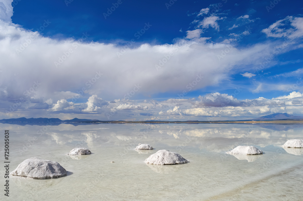 Panoramic view of cloud reflections after rain on Salar de Uyuni, world's largest salt flat or playa in Potosi, southwest Bolivia near the Andes at an elevation of 3,656 m (11,995 ft) above sea level