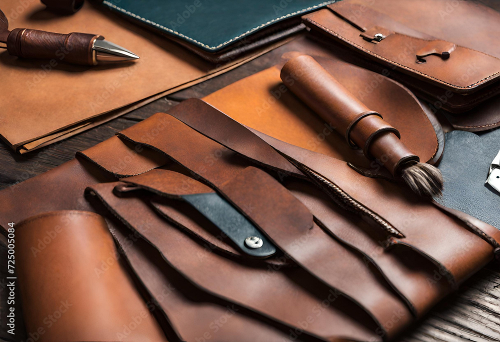 Naklejka premium Craftsman's Palette: Beautifully Colored Leather Pieces on a Leather Craftman's Work Desk – Artistry Unveiled in the Absence of Tools