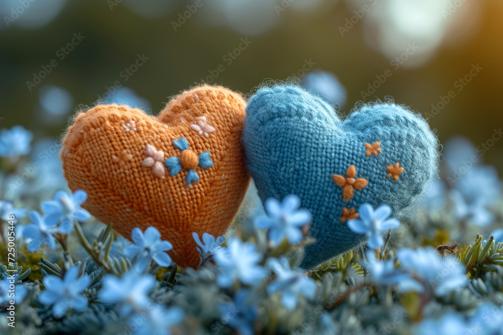 Two handmade hearts made of fabric with different colors and details. Two handmade hearts made of fabric with different colors and details.