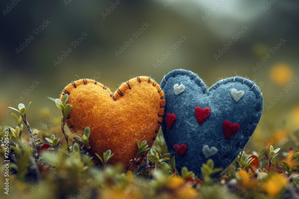 Fototapeta premium Two handmade hearts made of fabric with different colors and details.