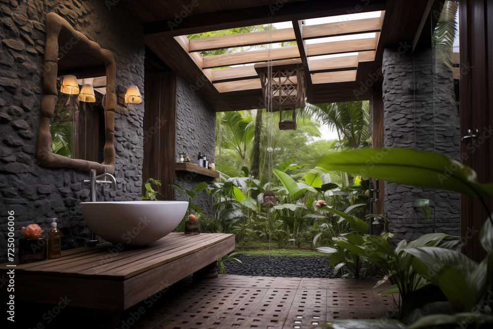 Modern tropical style bathroom with a bathtub and white sink, large window to see natural view, interior design 