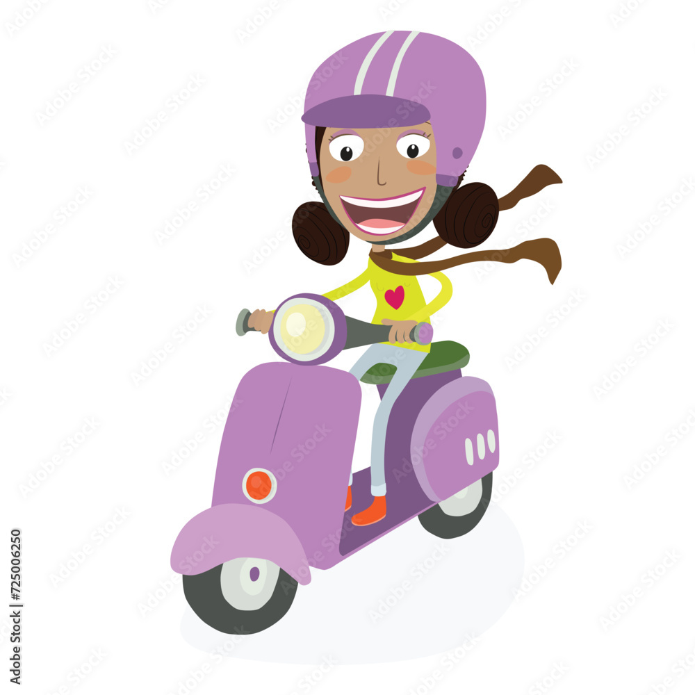 Funny girl driving a scooter. Vector Illustration. Funny girl driving a scooter. Vector Illustration.