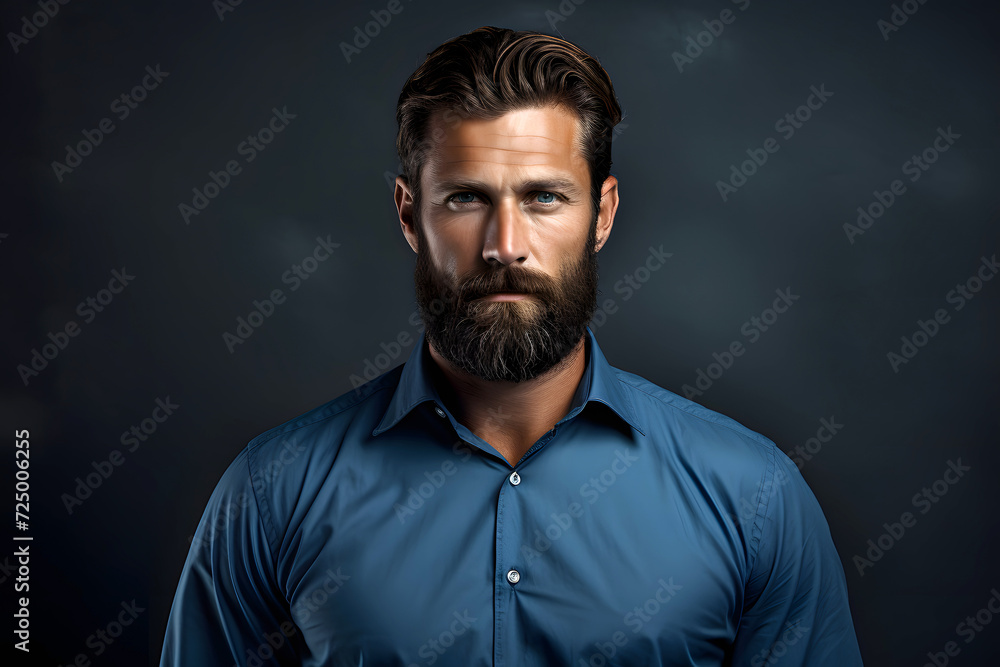 portrait of a fashionable bearded man in a blue shirt on a dark background