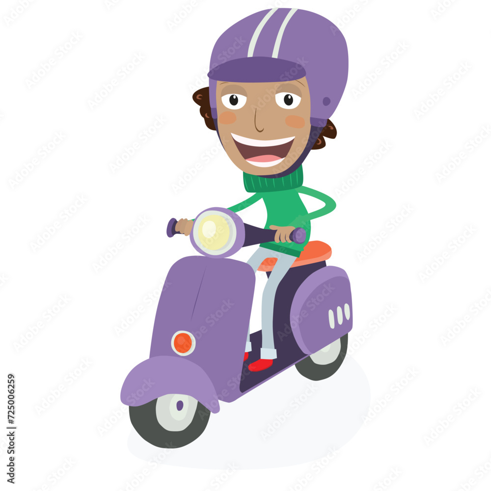 Funny boy driving a scooter. Vector Illustration. Funny boy driving a scooter. Vector Illustration.