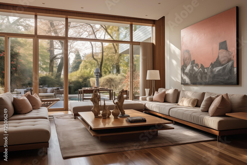 Modern living room interior design in peach fuzz colors. Living room decoration with low angle sofa and coffee table. color of the year 2024 concept, living room interior design © Ammar Anwar 