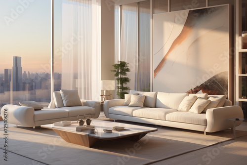 Modern living room interior design in peach fuzz colors. Living room decoration. with sofa low angle glass table and large mockup on background, color of the 2024 concept, living room interior design