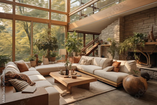 Modern living room interior design in peach fuzz colors. Living room decoration with peach colors, Peach fuzz color sofa and indoor plants, color of the year 2024 concept, living room interior design © Ammar Anwar 