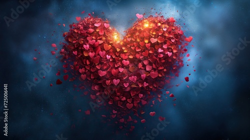 Digital art of Red Heart Made of Hearts on Blue Background with Light