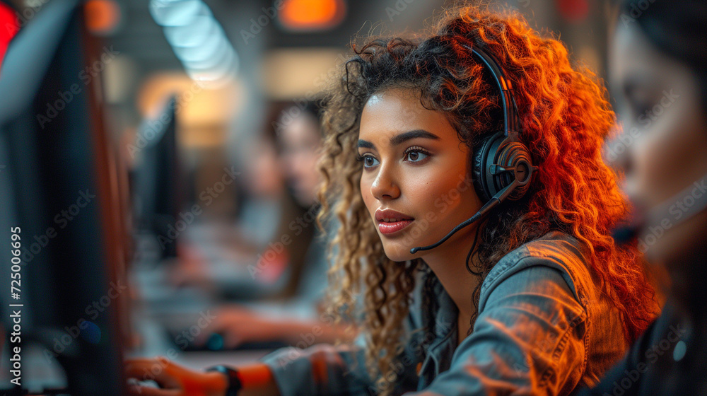 Obraz premium Customer Service Call Center Operator, young black woman entry level job