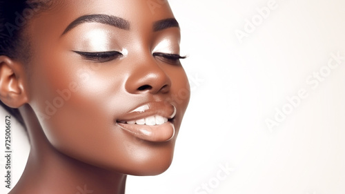 Natural beauty concept young black woman profile face closeup studio shot.