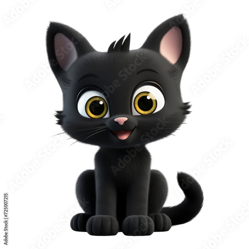 3D cute funny black cat. Character cartoon on isolated transparent png background.