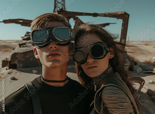 Dusty Day at desert Safari, fashion models wearing goggle mask,   © beshoy
