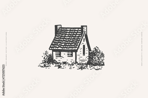 Hand drawn image of an old small house with tiles and a garden on a light background. Retro picture for your design. Vector illustration in vintage engraving style.