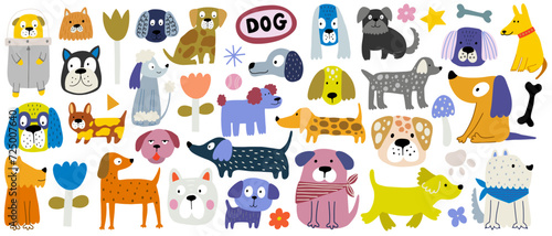 Funny dog, colorful flat illustration. Cute doggy collection, diverse domestic dogs.
