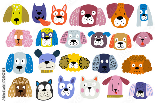 Funny dog animal head icon cartoon set in quirky colorful flat illustration style. Cute doggy pet face collection, diverse domestic dogs