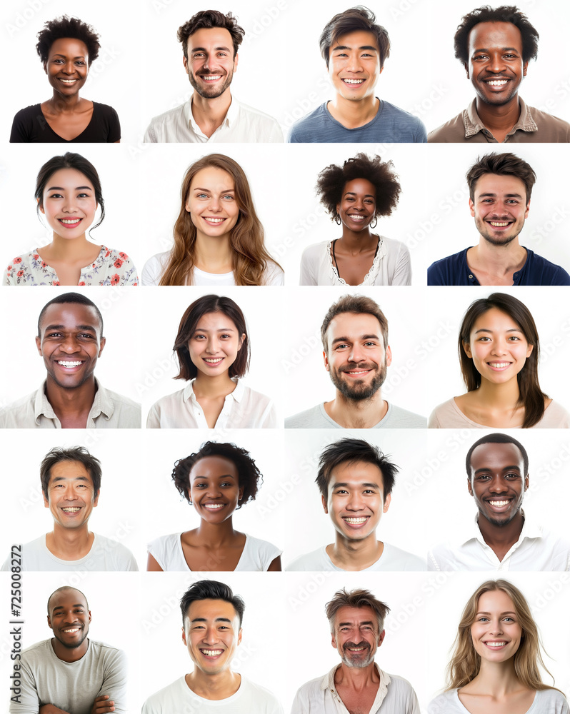 Portraits Collage of diverse multi-ethnic and mixed age people smiling to the camera on white background Portraits Collage of diverse multi-ethnic and mixed age people smiling to the camera on white background