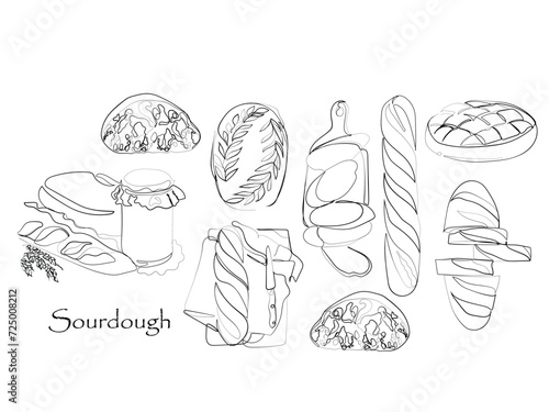 hand drawn line art vector of breakfast breads. Organic Sourdough breads art.