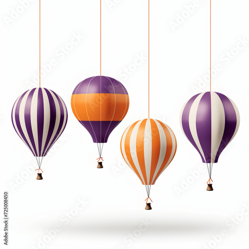 5 flying balloons with a purple and orange striped pattern and a passion fruit hanging from the rope under the flying balloon, with a white background and shadows
