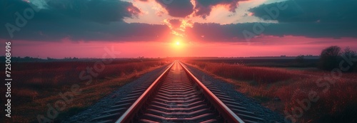 an image of a train tracks on a sunset