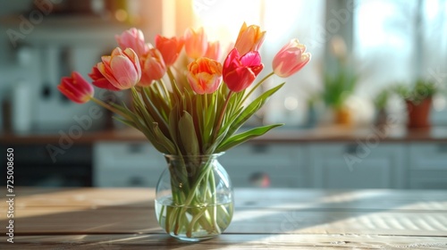 A beautiful bouquet of tulips stands in a glass vase on a wooden table © olegganko