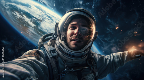 A space tourist astronaut taking a selfie with the Earth on the background photo
