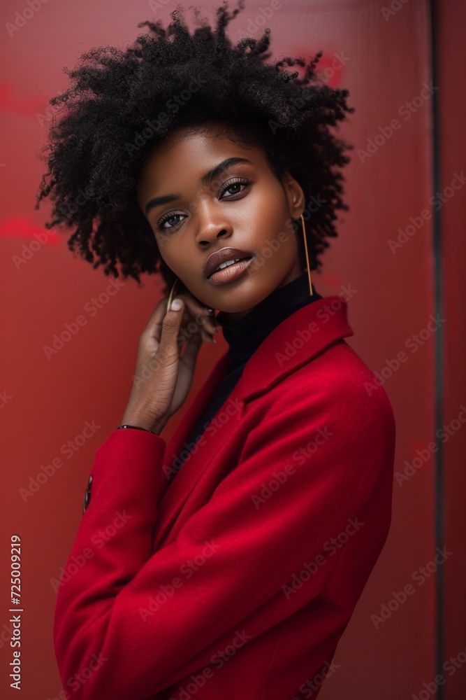 Close up portrait of a young African American woman wearing a red jacket on a red studio background. Beautiful sexy black model with afro hairstyle touches her face with her hand. Glamor and fashion. Close up portrait of a young African American woman wearing a red jacket on a red studio background. Beautiful sexy black model with afro hairstyle touches her face with her hand. Glamor and fashion.