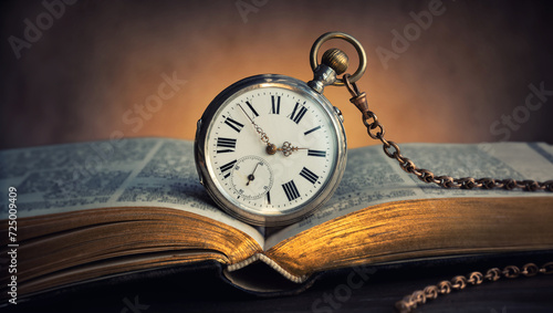 The clock lies on an old book. Clock as a symbol of time, the book is a symbol of knowledge and science. Concept of time, history, science, memory, information. 